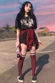 Black graphic tee plaid skirt black knee high socks fishnet gloves alternative grunge egirl fashion asian. Basics Of Grunge Style And Modern Interpretation