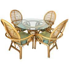 Thick tempered glass table top 1 beveled edge. Rattan Bamboo Mcguire Style Dining Set Glass Table Four Chairs At 1stdibs