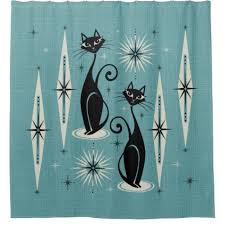 Mid Century Meow Retro Atomic Cats On Blue Shower Curtain Zazzle Com Blue Shower Curtains Cat Shower Curtain Retro Shower Curtain