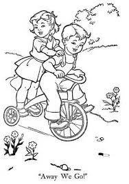 Adorable Retro Vintage Coloring Page For Adults Of Little Boy And Girl On A Trike Tricycletattoo Vintage Coloring Books Coloring Books Coloring Pages
