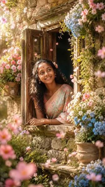 Rustic Stone Cottage Window Floral Saree Portrait
