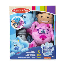 Each day, blue leaves paw prints on three objects around her house to communicate what activity she wants to do. Blue S Clues You Hand Finger Puppets Melissa Doug