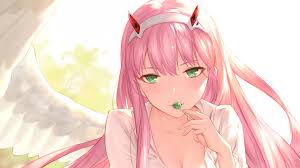 Darling in the franxx, zero two x hiro, romance, couple, profile view. Darling In The Franxx Zero Two Tasting Green Lollipop With Shallow Background 4k Hd Anime Wallpapers Hd Wallpapers Id 42430