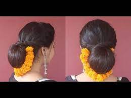 Festive Hairstyle Juda Bun With Flower Marigold Garland Asmita Youtube Short Hair Styles Easy Hairstyles Juda Short Hair Bun