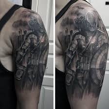 Black And Grey Tattoo Designs Half Sleeves Shaded Captain America Marvel Mens Black And Grey Half Sleeve Tattoo Half Sleeve Tattoo Best Sleeve Tattoos Half Sleeve Tattoos Designs