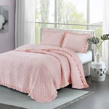 This set includes one quilt and shams, so you can refresh your bedroom or guest room. Hig 3 Piece King Cal King Size Embossed Quilt Set With Ruffle Flange Fancy Coverlet With Pre Washed Microfiber Ruched Shabby Chic Farmhouse Style Bedding Set With Hand Craft Peach Pink Reyna Buy Online In Albania At
