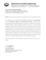 Pdf Invitation Letter As Keyguest Speaker At 4th International Conference On Sustainable Textile 2021 It Is My Pleasure To Invite You Prof Elsayed Ahmed Elnashar As Key Guest Speaker At