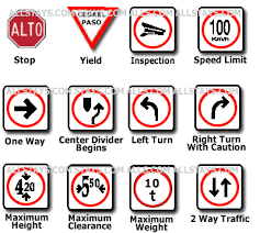 Traffic signs used, including signs giving orders, warning signs, direction signs, information signs and road works signs. Mexico Road Signs
