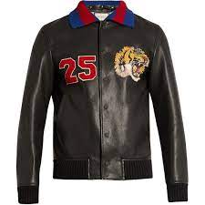 Gucci Tiger Applique Leather Bomber Jacket 3 750 Liked On Polyvore Featuring Men S Fas Blue Jacket Men Mens Blue Leather Jacket Mens Leather Bomber Jacket