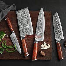Damascus Chef Knife Set With Cleaver 4 Pieces Rosewood Etsy Damascus Steel Kitchen Knives Chef Knife Kitchen Knives
