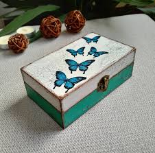 Turquoise Decorative Wooden Box Vintage Style Decoupage Etsy Decorative Wooden Boxes Hand Painted Wooden Box Wooden Box Crafts