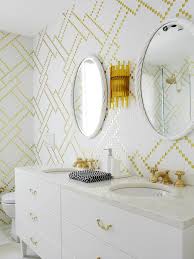 Bold and subdued prints in s. Gold And White Wallpaper Bathroom With Double Vanity Custom Gold Hardware For Dresser Knobs Hot And Cold Water Fixtures Save Money Renovating Marble Sink Modern Eclectic Style Decor Master Bath Shop