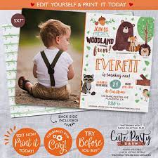 Instant Download Editable Woodland Birthday Photo Invitation Forest Animals Woodland Party Cor Photo Birthday Invitations Woodland Birthday Photo Invitations