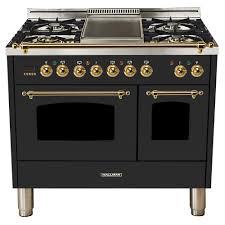 I'm sharing my favorite retro kitchen appliances that are sophisticated. Hallman 40 In 4 0 Cu Ft Double Oven Dual Fuel Italian Range True Convection 5 Burners Griddle Brass Trim In Matte Graphite Hdfr40bsmg The Home Depot