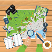 Welcome to the journey planner. Mann Am Tisch Mit Karte Und Touristischen Ausrustung Zum Reiseplan Reiseplan Vektor Reisefuhrer Wanderkarte Wander Zeit Fur Reisen Und Abenteuer Kamera Karte Kompass Gps Banner Vorlage Flaches Design Lizenzfrei Nutzbare Vektorgrafiken Clip