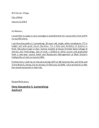 Cover letter examples for hotel jobs. Application Letter Best Ideas Of Sample Application Letter For Ojt Hotel And Restaurant Management Application Letters Student Jobs Formal Letters