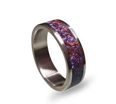 Men S Titanium Ring With Crushed Amethyst Inlay Titanium Wedding Band Purple Stone Rings Titanium Rings For Men Mens Wedding Rings Titanium