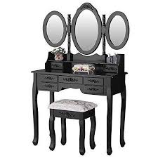 Ubesgoo Vanity Makeup Table Set Tri Folding Mirror Dressing Table 7 Drawers Stool Black Walmart Com Vanity Table Set Makeup Dressing Table Dressing Table With Stool