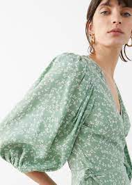 Printed Puff Sleeve Midi Wrap Dress - Green Florals - Midi Dresses - Other Stories In 2021 Midi Wrap Dress Fashion Wrap Dress