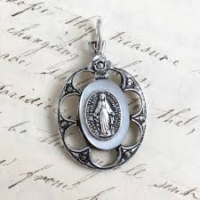 Vintage Flower Miraculous Medal Virgin Mary Sterling Silver With Marcasite Medal Pendant Rosa Mystica Medals