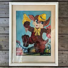 60s VINTAGE Elise Drew Original Art Drawing Painting Signed Animal Carnival  Beige Framed Cartoon Baby Children's Nursery Mid Century 17x22