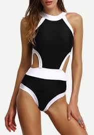 Black And White Bathing Suit Contrast High Neck Cutout One Piece Swimwear One Piece High Neck Swimsuits Swimwear