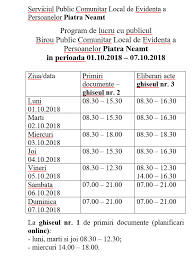 Uite cateva modalitati prin care sa economisesti suficient timp incat sa ai vreme sa le rezolvi. Program De Lucru Cu Publicul Birou Public Comunitar Local De Evidenta A Persoanelor Piatra Neamt In Perioada 01 10 2018 07 10 2018