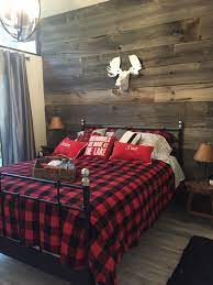 Grey Barn Board Wall In The Cottage Master Bedroom White Moose Head Urban Barn Buffalo Check Duvet Cover Si Remodel Bedroom Master Bedroom Remodel Bedroom Red