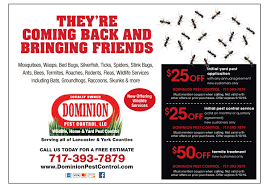 Call for extermination for ants, bed bugs, mice, bees, wasp, best pest control lancaster pest control pros. Dominion S Spring Coupon Dominion Pest Control