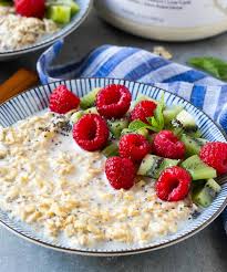 Place the oats, milk, yogurt, protein powder and chia seeds in a bowl. Easy High Protein Overnight Oats Recipe Healthy Fitness Meals