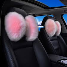 Winter Pure Wool Car Headrest Neck Pillow Warm Soft Fur Auto Bone Seat Rest Head Support Cushion For Bmw Toyot Pink Car Accessories Car Seat Headrest Girly Car