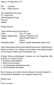 Surat lamaran pekerjaan biasanya bersifat formal ataupun resmi, misalnya surat untuk melamar riwayat hidup adalah catatan singkat tentang gambaran diri seseorang.selain berisi data pribadi, gambaran itu paling tidak harus meliputi keteranagn tentang pendidikan/keahlian dan pengalaman. Buatlah Contoh Surat Lamaran Pekerjaan Yang Baik