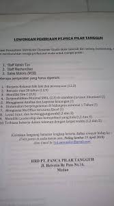 Check spelling or type a new query. Lowongan Kerja Pt Panca Pilar Tangguh Medan Lowongan Kerja Medan Terbaru Tahun 2021