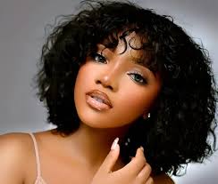 Density Kinky Curly Wig] Short Bob Curly Human Hair Wigs With Bangs 12 inch