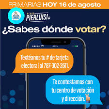 Consulta en dónde te toca votar, aquí. Pedro R Pierluisi On Twitter Sabes En Donde Te Toca Votar Puedes Enviarnos Un Mensaje De Texto Al 787 302 2611 Con Tu Numero Electoral Y Te Contestamos Con Tu Centro De Votacion Y