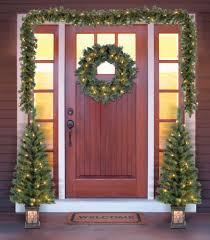 Christmas Pre Lit Door Decor Set Clear Lights Hanging Wreath 2 Garlands 2 Trees Chris Decorating With Christmas Lights Outdoor Christmas Tree Christmas Lights
