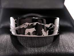 Wolf Facing Fox Mountains Forest Landscape Tungsten Wedding Band Tungsten Ring Mens Wedding Bands Mens Wedding Rings Wedding Rings