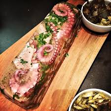 Persille De Tentacules De Poulpe Et Langue De Veau Pickles De Mini Aubergines Et Ail Des Ours Merci Soniaezgulian Poulpe Editionsdelepure Tapas Food Tuna