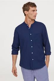 Regular Fit Collarless Shirt Dark Blue Men H M Us Blue Shirt Men Grandad Shirts Collarless Shirt