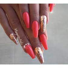 Coral And Rose Gold Nail Art Fashion Coffin Nails Glitter Design By Margaritasnailz Rose Gold Nails Nail Designs Glitter Gold Glitter Nails