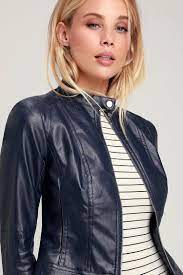 Don T Hold Back Navy Blue Vegan Leather Moto Jacket Blue Leather Jacket Outfit Navy Blue Jacket Outfit Collarless Leather Jacket