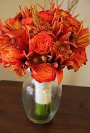 Football mums are soft to the touch with no center button; All Orange Bouquet Roses Lilies Spray Mums Flower Bouquet Wedding Online Wedding Flowers Orange Bridal Bouquet