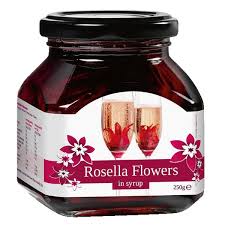 100% natural and deliciously edible wild hibiscus flowers in a cane sugar syrup; Rosella Wild Hibiscus 11 Flowers In Syrup 250g Drinkstuff