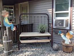 Wrought Iron Bed Frame Upcycled To A Bench And A Few Of My Other Yard Art Creations Iron Bed Frame Bed Frame Design Iron Bed