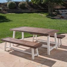 Goplus 3 pcs beer table bench set folding wooden top picnic table patio garden. Buy Cassie Outdoor Modern Industrial 3 Piece Acacia Wood Picnic Dining Set With Benches Sandblasted Dark Brown And White Rustic Metal Online In Vietnam B079drkmsf