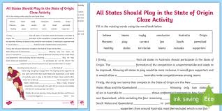 You can use the sheets for practicing reading each of the word families. State Of Origin Cloze Worksheet Teacher Made