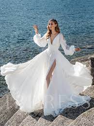 Split Front Button Long Sleeves Beach Wedding Dress 2020 Wedding Dress Necklines Wedding Dresses Beach Wedding Dress