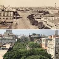 Viewing down Esplanade Road from the top of Watson's Hotel. Today known as the Mahatma Gandhi Marg, this was once the Rampart Row of the Fort of Bombay. Flora Fountain visible at