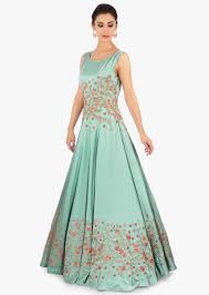 Tiffany Blue Gown In Satin With Zari And Resham Floral Embroidery Online Kalki Fashion