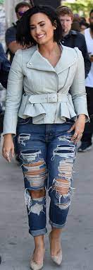 Who Made Demi Lovato S Blue Peplum Leather Jacket Demi Lovato Style Outfits Demi Lovato Style Demi Lovato Pictures